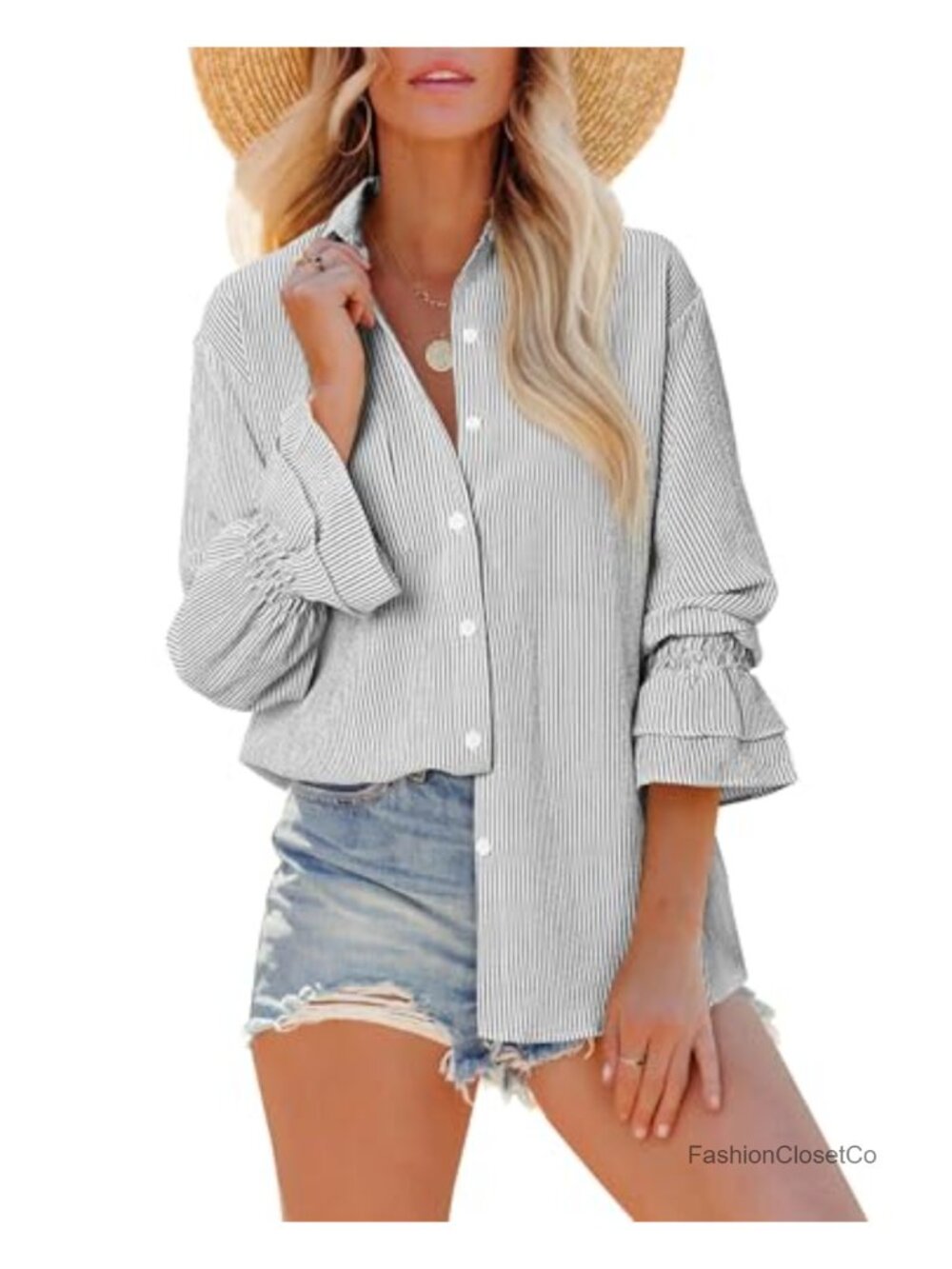 Oversized Striped Button Down Shirt Women Long Sleeve Ruffle Smocked Cuff Blouse